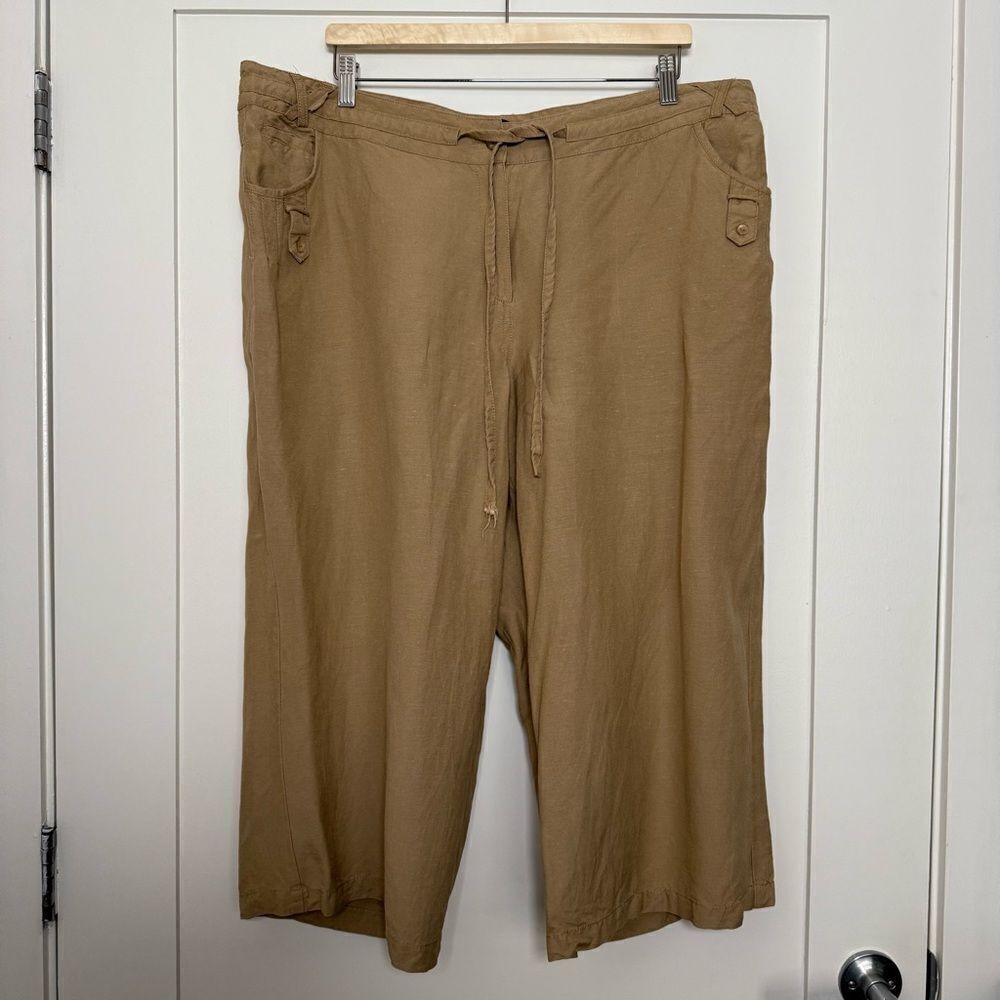 Ashley Stewart Pants Womens Sz 20 W Tan Wide Leg Drawstring Pockets Linen Blend